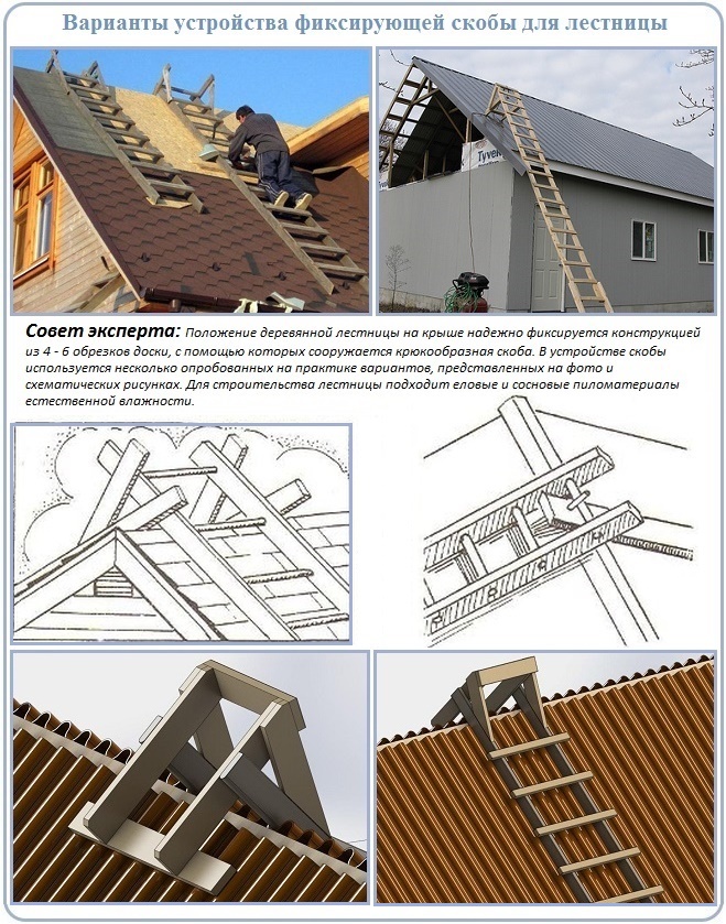 Лестница с деревянной скобой для кровли крыши