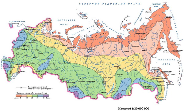 Карта продолжительности гроз в России