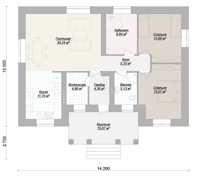Пример планировки одноэтажного дома 120 м² с кабинетом